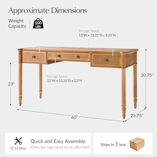 HULALA HOME 60 Inches Fluted Writing Desk with Charging Station, Teak