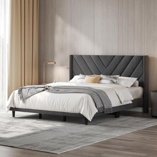 Yaheetech King Bed Frame with Chevron Channel-Tufted Headboard, Dark Gray