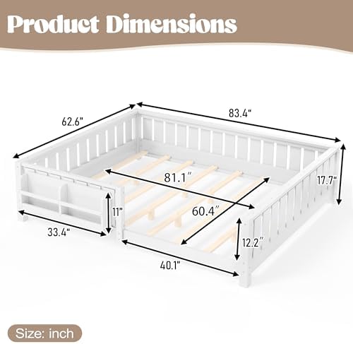 Queen Size Montessori Floor Bed with Bookshelf, Guardrail and Slats, White