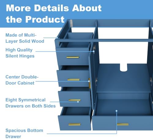 Montary 48" Modern Bathroom Vanity Base Cabinet, Solid Wood Construction, | Soft-Close Double Doors & 9 Full-Extension Drawers(Basin & Top Not Included),Blue
