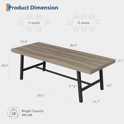 GarveeHome Industrial Dining Table for 8-10 People, 86.61" Long Kitchen Table with Sturdy Metal Frame, Rectangular Counter for Dinner, Kitchen, Dining Room (Grey Walnut, 87" Non-extendable)