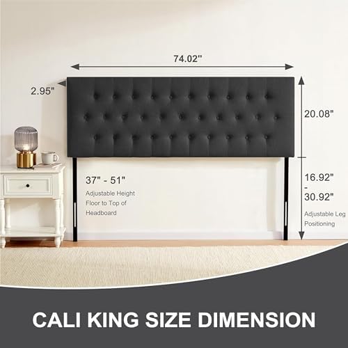 Upholstered Headboard California King, Adjustable Height 37''- 51'', Black