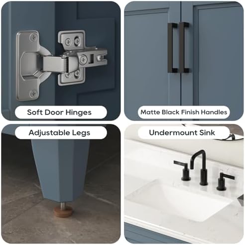 42 Inch Bathroom Vanity with Sink, Solid Wood, Steel Blue | Freestanding Single Sink Bathroom Vanity, Fully Assembled Bathroom Storage Cabinet with Soft Close Doors & Dovetail Drawers