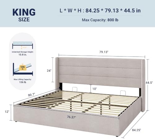 Allewie King Size Lift Up Hydraulic Storage Bed Frame Light Beige