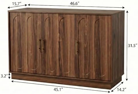 holzart 46.6" Modern Farmhouse 3 Door Storage Cabinet, Rustic Brown Sideboard Buffet with Gold Handles, Large Fluted Wood Credenza for Dining Room, Living Room, Coffee Bar
