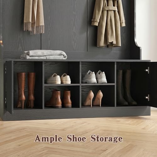 5-in-1 Hall Tree with Bench and Shoe Storage with LED Sensor Light, Black丨Entryway Coat Rack with Hooks and Storage Cubes, Shoe Cabinet with Fluted Door, Modern Hall Tree for Entryway, Living Room