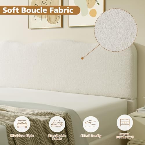 VELOCAVA Queen Size Lift-Up Storage Bed, Upholstered Boucle Bed with Curved Headboard, Rounded Corners, Sturdy Wooden Slat Support, No Box Spring Needed, Easy Assembly, Cream White