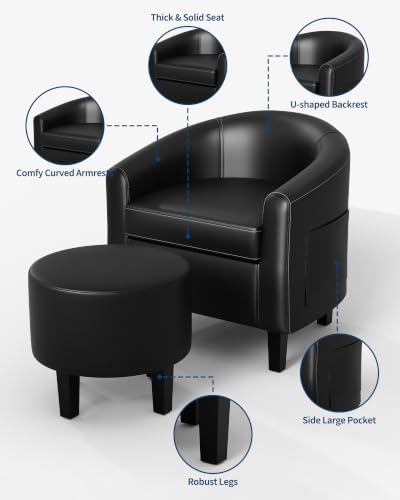 GarveeHome Chair and Ottoman Set, PU Leather Barrel Chair, Small Chair for Bedroom, Comfy Armchair with Footrest for Office & Study, Black