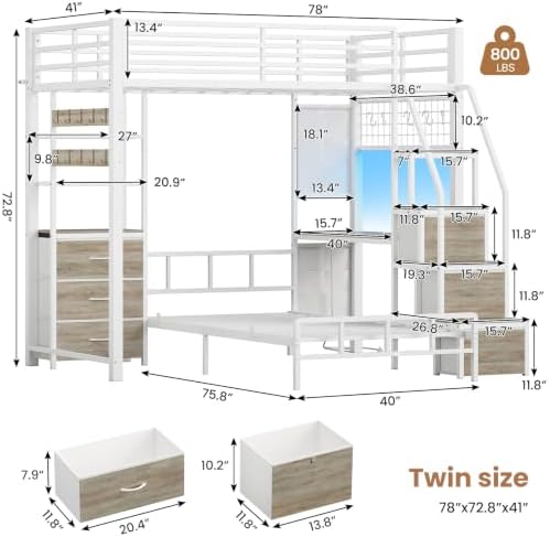 AOGLLATI Bunk Bed Twin Over Twin with 6 Storage Drawers and Desk for Kids Teens, Metal Led Twin Loft Bed with Charging Station and Side Bag,Hanging Rod,Stair,and Guardrail for Space Saving,White