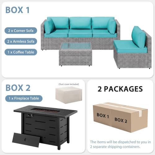 Shintenchi 6 Piece Outdoor Patio Furniture Set with 43 Inch Propane Fire Pit, Washable Cushions, Glass Coffee Table, Waterproof Cover & CSA Certified for Backyard Poolside, Silver PE Rattan/Blue