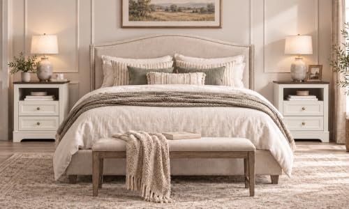 LOUVIXA Farmhouse Bedroom Sets of 3, Including 9 Drawer Dresser, Nightstand Set of 2 with Charging Station (Off White Sets)