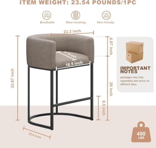26" H Counter Height Bar Stools Set of 3, Modern Barrel Counter Stools with Backrest and Arms, Linen Fabric Upholstered Accent Barstools for Kitchen Island,Support 450 LBS (Sand)