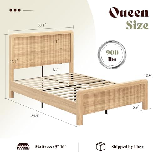 AMERLIFE Queen Wood Bed Frame with Fluted Headboard & Footboard, Oak