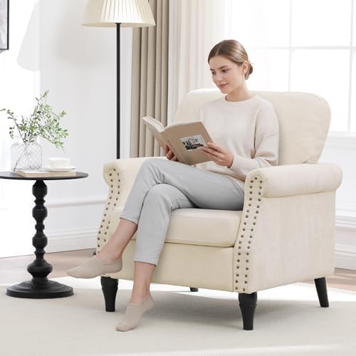 Accent Chair for Living Room, Modern Mid Century Reading Chair Armchair High Back Upholstered Armchair with Wooden Legs for Living Room Bedroom Office (Beige, 1pcs)