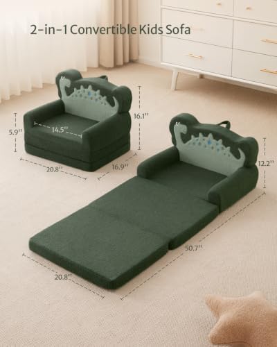 Blissful Diary Foldable Kids Couch, 2-in-1 Kids Sofa Chair, Green Dinosaur
