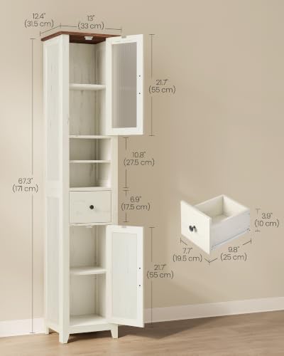 VASAGLE Tall Bathroom Cabinet, Narrow Space Saver, 13 x 12.4 x 67.3 inch | Farmhouse Freestanding Storage Cupboard with Drawer and Doors, Rustic White and Honey Brown, LIRY Collection UBBK660W101S