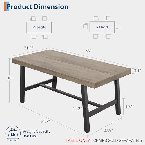 Garvee 63" Sturdy Dining Table, Wood Top Kitchen Table, Grey