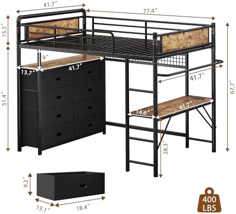 Twin Loft Bed with Desk and 8 Storage Drawers, Metal Loft Bed Twin Size with LED Lights & Charging Station, Bed Frame with Hanging Rod, Safety Guardrail & Ladder, for Kids & Teens (Rustic Brown)