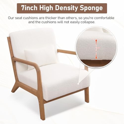 ANJ Mid Century Modern Accent Chair Set of 2, Single Boucle Lounge Reading Armchair with Solid Wood Frame, Easy Assembly Arm Chairs for Living Room, White