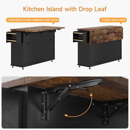 ComfyCorner 60" Rolling Large Kitchen Island on Wheels with Extendable Table, Drop Leaf & Power Outlet, Mobile Kitchen Cart with Storage Cabinet, 2 Drawers, Spice Rack, Towel & Knife Holder, Black