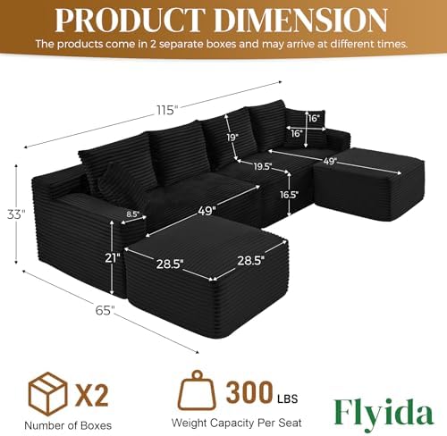 115" U Shaped Cloud Couch Modular Sectional Sofa, Comfy Fluffy Corduroy Black Boneless Sectional Couches for Living Room, Modern Cloud Sofas with Ottomans & Memory Foam, Black