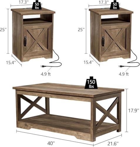 LUXOAK 3 Piece Living Room Table Set with Barn Door, Barnwood
