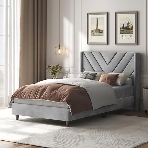 Yaheetech Twin Bed Frame with Chevron Channel-Tufted Headboard, Light Gray