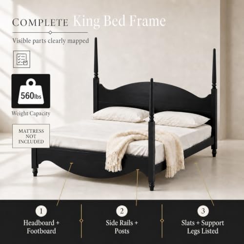Brixton King Solid Pine Wood Four-Poster Bed, Arched Headboard, Black