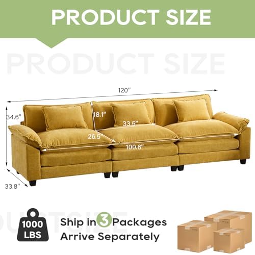 Oprisen 120" Modular Sectional Sofa, Comfy 3 Seater Deep Cloud Couch
