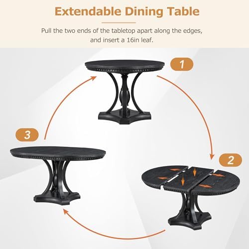 LUMISOL 5-Piece Solid Wood Dining Table Set for 4, Extendable Round Kitchen Table Set with 4 Upholstered Chairs, Farmhouse Table and Chairs Set for Kitchen, Dining Room, Black+Beige