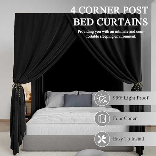 Black Canopy Bed Curtain 4 Corner Post Bed Curtains, Full