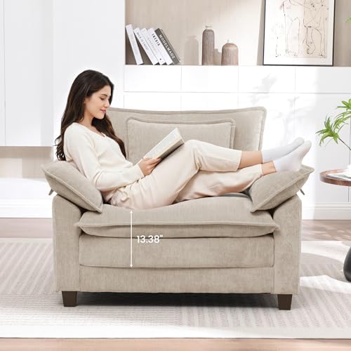 Modern Oversized Accent Chair,Chenille Cloud Sofa Chair with Deep Seat,Upholstered Armchair with Extra Thick,Comfy Reading Chairs for Living Room Bedroom Apartment Khaki