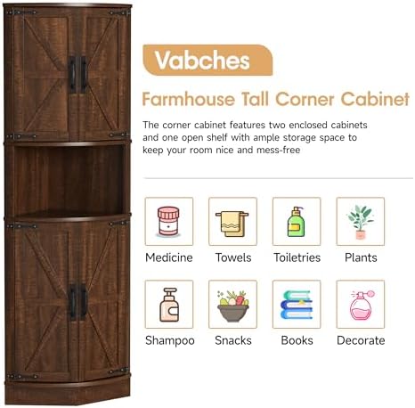 Vabches 64.8" Tall Farmhouse Corner Cabinet with 4 Doors and 5 Storage Shelves, Farmhouse Storage Cabinet with Barn Door Design, Home Space Saver for Living Room, Kitchen, Laundry Room,Brown