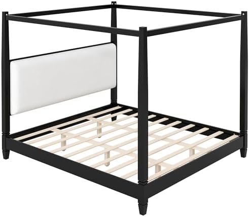 King Size Wood Canopy Bed Frame, Black Vintage Four-Posters Platform Bed
