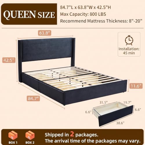 Queen Bed Frame with Storage Drawers, Corduroy Bed with Headboard, Black