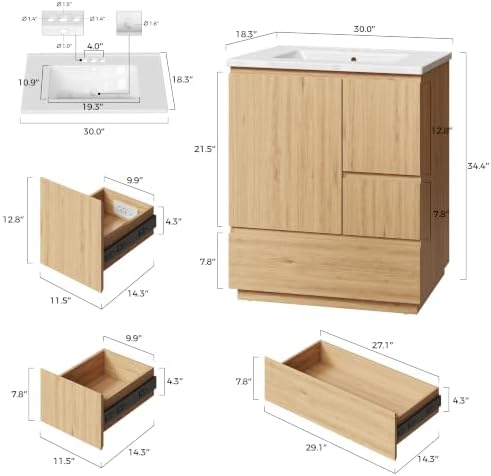 IRONCK 30-Inch Bathroom Vanity with Ceramic Sink, Modern (Natural Oak) | Power Outlet | Freestanding | Divided storage | Hiddle Handle | Soft-Close Hinges