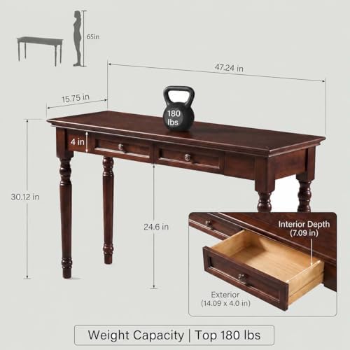 47" Narrow Solid Wood Writing Desk with Drawers, Walnut