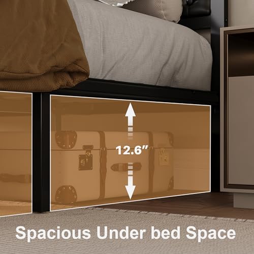 Fluest King Bed Frame with Headboard PU Leather Upholstered Bed Frame Platform,All Metal Slats Support Platform Bed Frame with Storage Space,Easy Assembly,Noise Free,No Box Spring Needed,Black