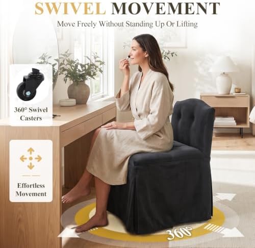 Black Velvet Makeup Vanity Chair with Back & Wheels