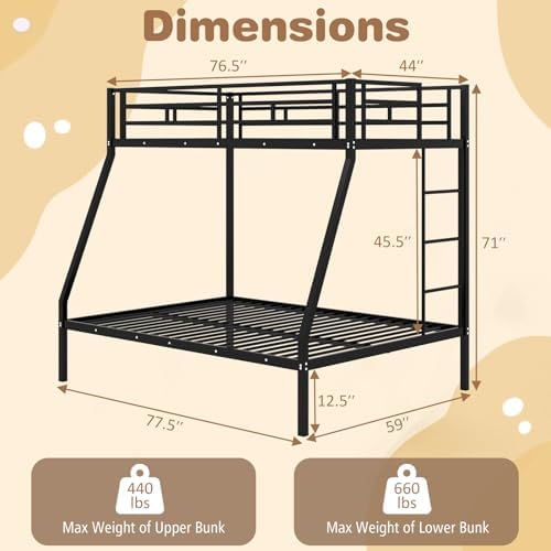 Giantex Metal Bunk Beds Twin Over Full Size, Heavy Duty Loft Bunk Bed with Ladder & Guardrail, Space Saving Bunk Bed for Dorm Apartment, Teens & Adults, Noise-Free, No Box Spring Needed, Black