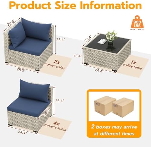 UDPATIO Outdoor Patio Furniture Set 7 Pcs Wicker Sectional Sofa Blue