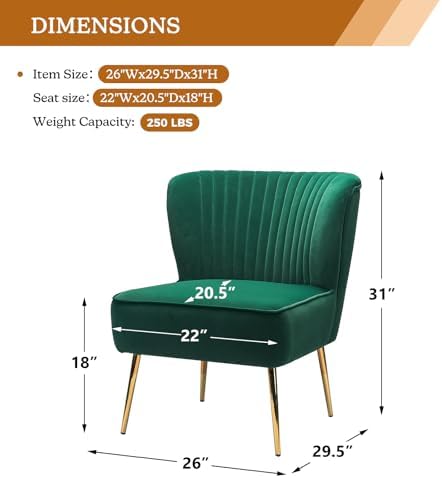 HULALA HOME Velvet Accent Chair, Modern Upholstered Cute Side Chair with Gold Metal Legs, Armless Wingback Slipper Chair Comfy Living Room Chair for Bedroom Guest Room Vanity,Green