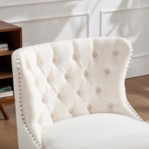 Kmax Accent Chairs Set of 2, Slipper Chairs with Button Tufted Wingback, Armless Living Room Chairs with Nails Modern Side Chairs for Bedroom Reception Office Small Space - Linen Beige, Walnut Legs