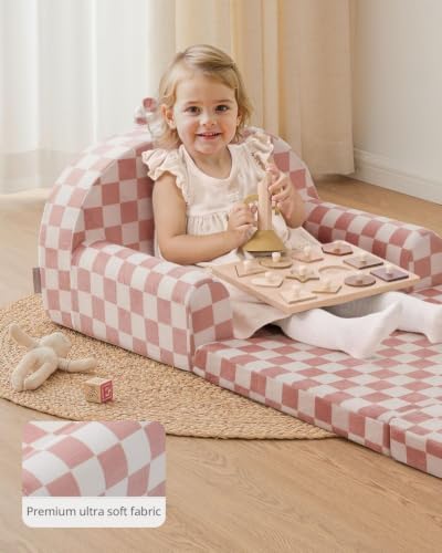 Blissful Diary Foldable Kids Couch, 2-in-1 Kids Sofa Chair, Blush Check