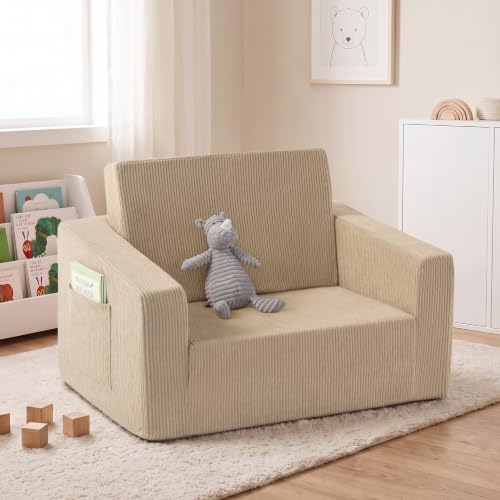 2-in-1 Kids Chair and Couch, Larger Cozy Corduroy Kids Sofa, Beige