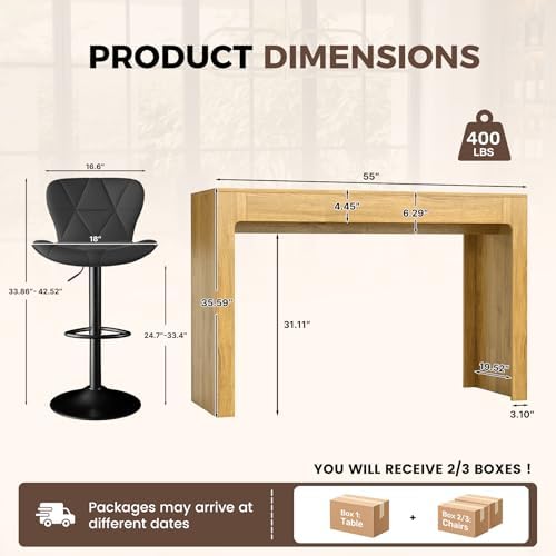 Miereirl 3-Piece Counter Height Bar Table Set, 55 Inch Oak Pub Dining Table & 2 White Swivel Adjustable Bar Stools, PU Leather Counter Chairs with Backrest for Kitchen Island Dining Room