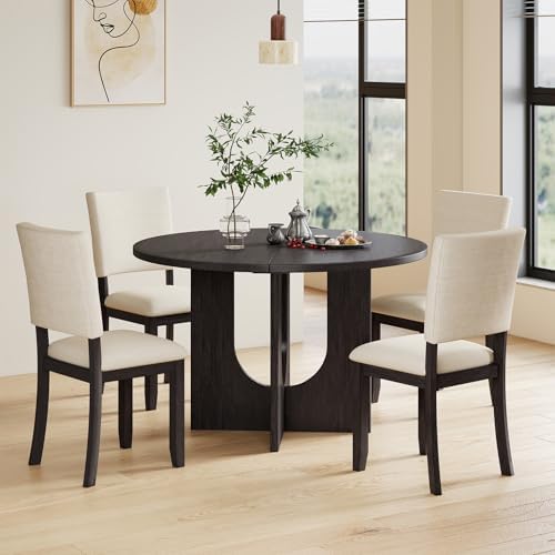 Zevemomo 47.3" Round Solid Wood Dining Table Set for 4, Black