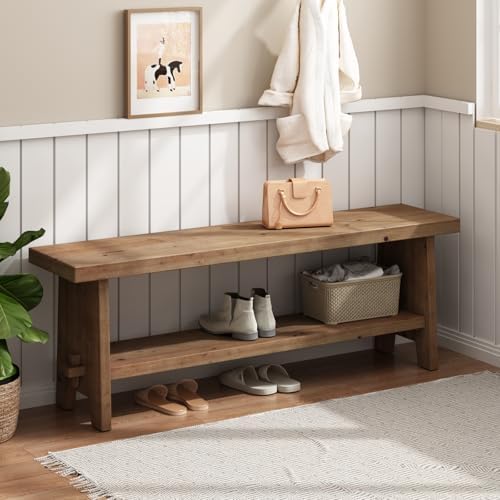 HOKYHOKY Wood Entryway Bench - 51.2" Farmhouse Long Storage Bench, Indoor