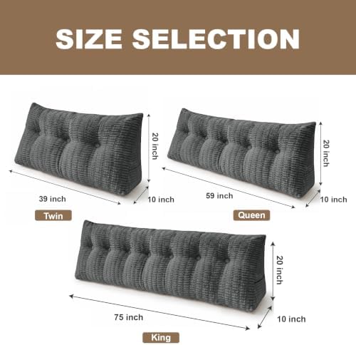 Headboard Pillow Twin, Dorm Wedge Pillow, Bed Pillows for Sitting up in Bed, Dorm Bed Headboard for Read, Work, Play in Beds, Daybed Backrest Pillows with Removable Washable Cover, Dark Grey