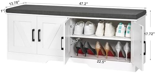 HOMSHO Farmhouse Shoe Storage Bench with 4 Barn Doors & Padded Seat Cushion
